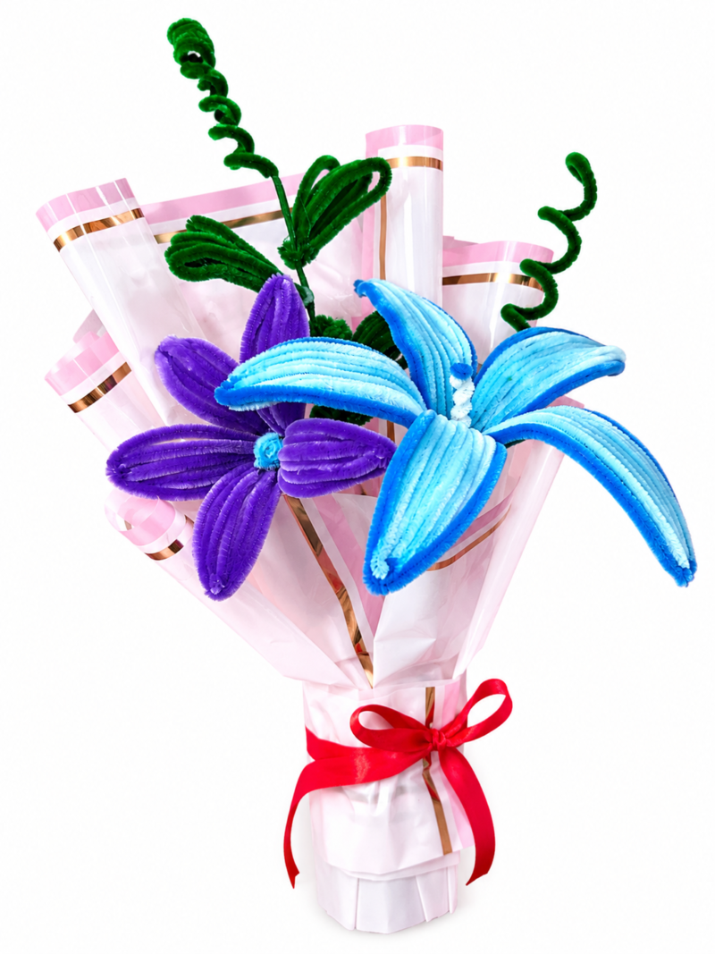 Handmade blue and purple pipe cleaner flower bouquet wrapped in premium pink paper with a red ribbon on a white background.