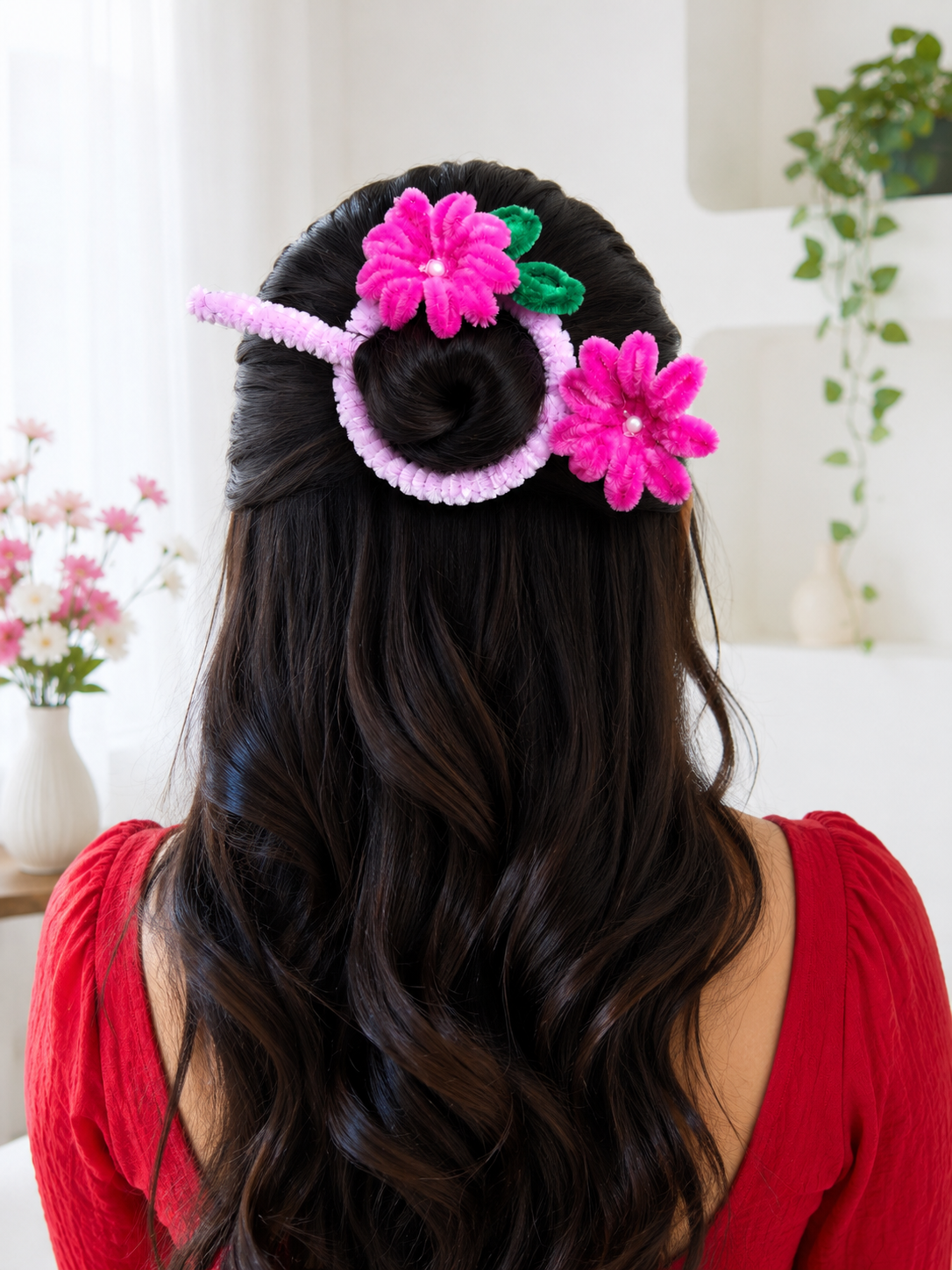 Handmade Pink Floral Hair Bun Accessory – Elegant Flower Hair Stick Set | Sydora
